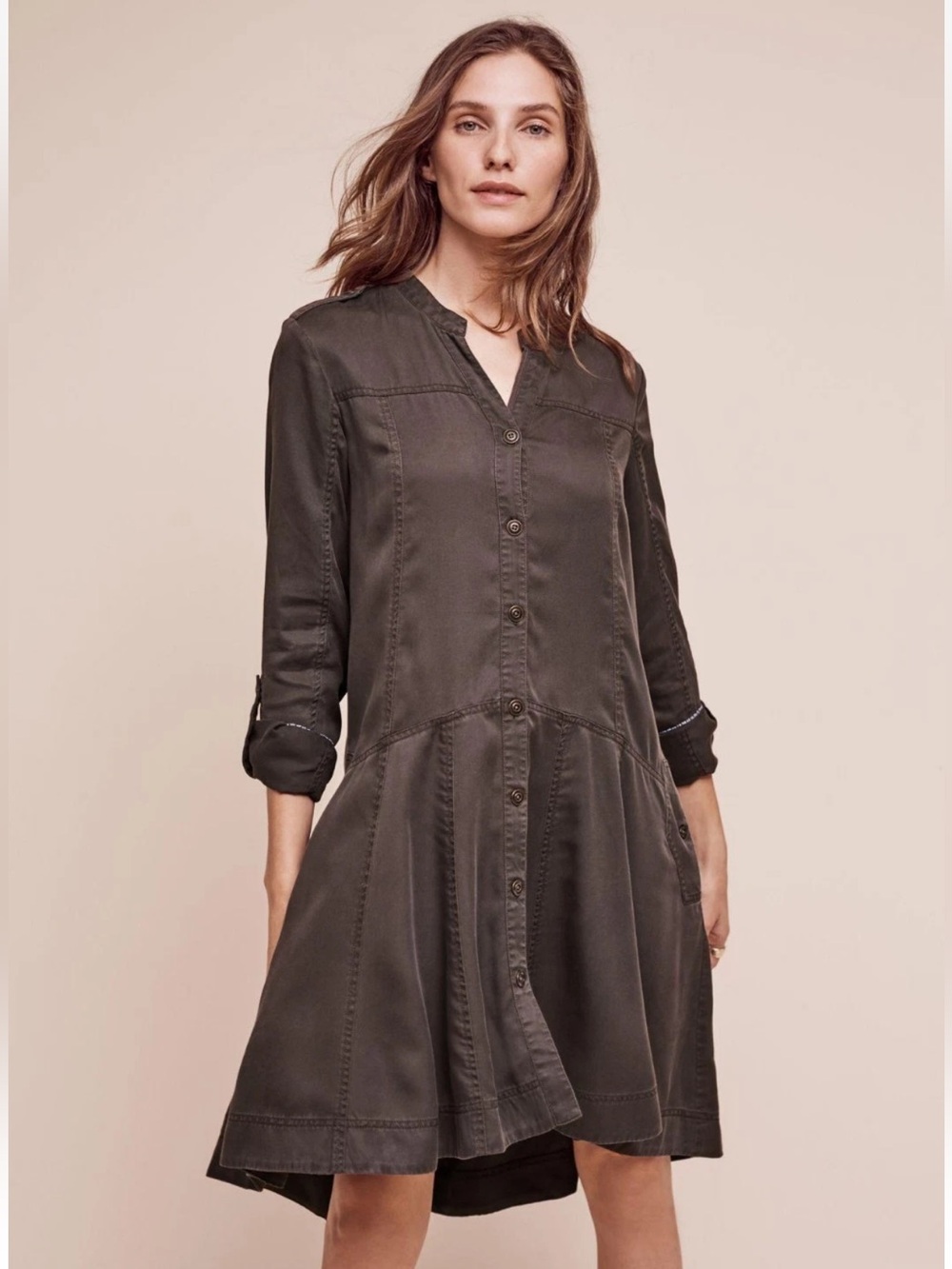 Holding Horses Anthropologie Size 8 Olive Lyocell Button Front Utility Shirt Dre